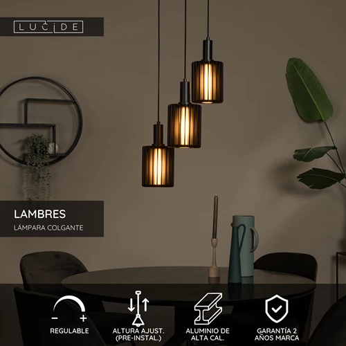 Lucide LAMBRES - Lámpara colgante - 3xE27 - Negro - USP